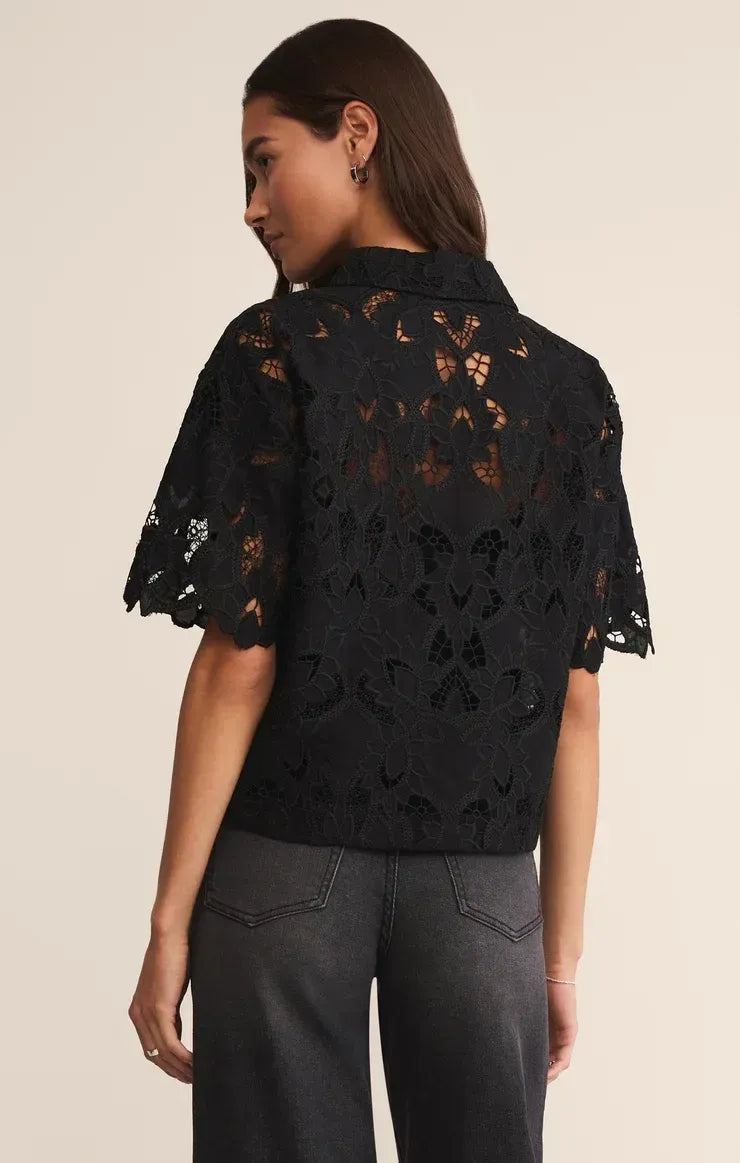 Black lace midnight embroidered short sleeve top with butterfly and leaf patterns and short flutter sleeves