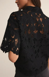 Black lace midnight embroidered short sleeve top with intricate floral patterns and delicate embroidery details