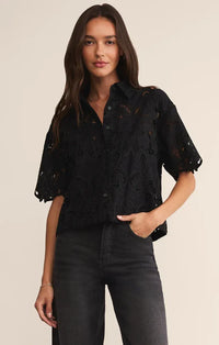 Black lace midnight embroidered short sleeve top with subtle floral pattern and button-up front design