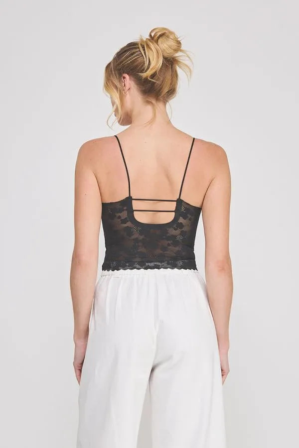Black lace floral lace scallop edge sweet heart bralette with thin straps and a back cutout design
