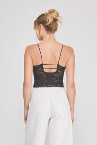 Black lace floral lace scallop edge sweet heart bralette with thin straps and a back cutout design