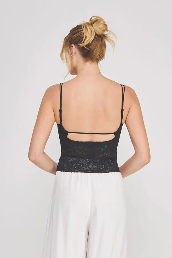 Black lace padded floral laced bralette with thin straps and a cutout back detail showing the back side