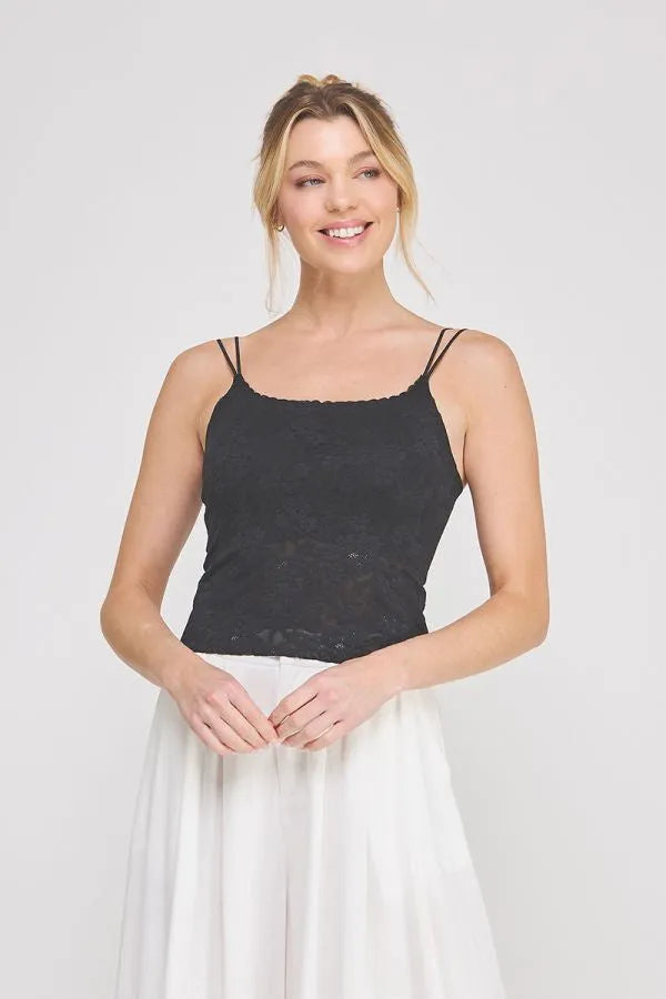 Black lace padded floral laced bralette with thin spaghetti straps featuring delicate floral lace detailing