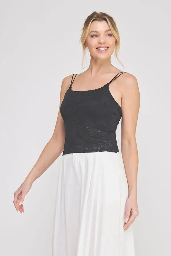 Black lace padded floral laced bralette camisole with thin spaghetti straps for elegant lingerie wear