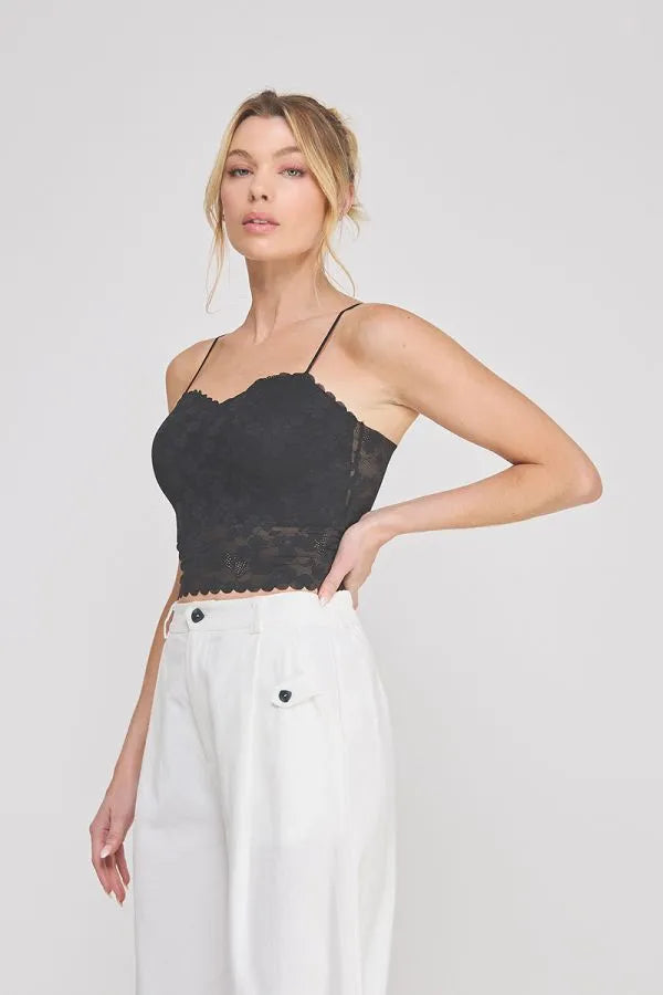 Black lace crop top with thin spaghetti straps featuring floral lace scallop edge and sweetheart neckline bralette design