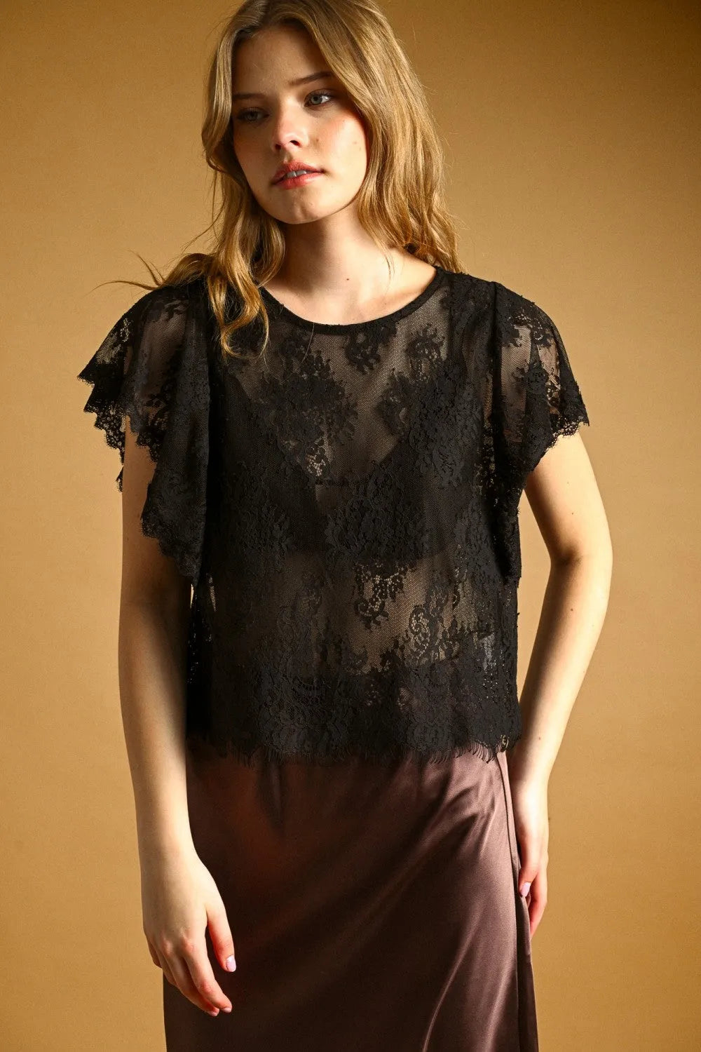 Black lace scalloped blouse featuring delicate floral patterns and fluttery short sleeves in lace scalloped design