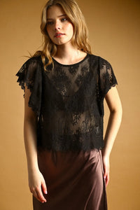 Black lace scalloped blouse featuring delicate floral patterns and fluttery short sleeves in lace scalloped design