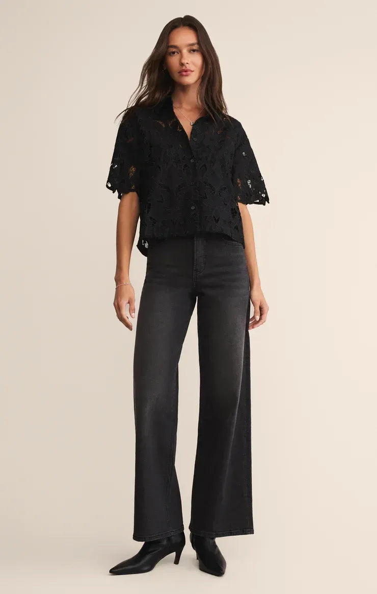 Black lace midnight embroidered short sleeve top with delicate floral embroidery and button-down front closure