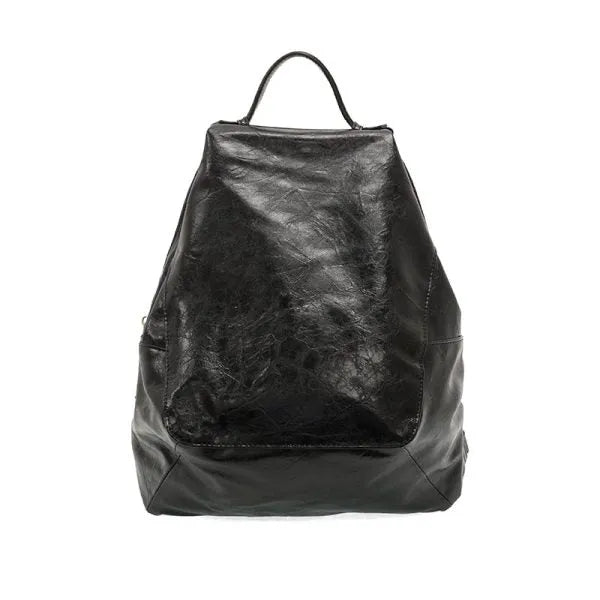 Black leather maggie modern backpack with a slightly wrinkled glossy finish padded pocket and adjustable shoulder straps