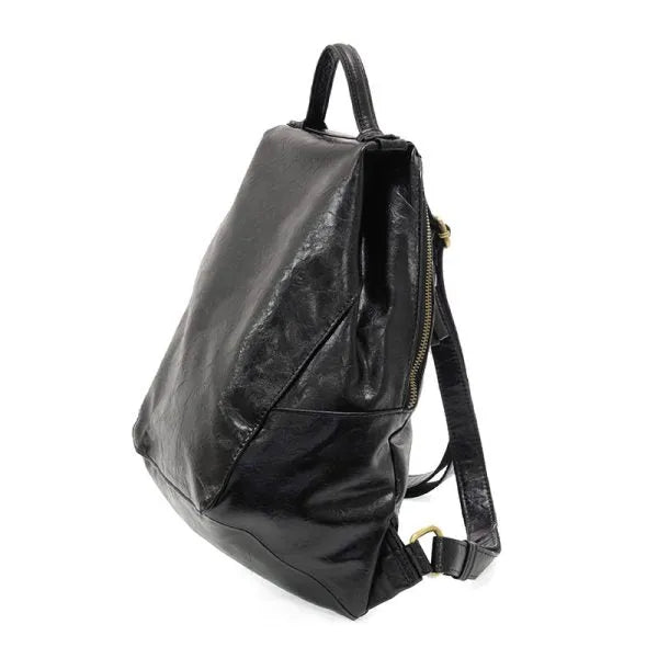 Black leather maggie modern backpack with glossy finish gold-tone zippers padded pocket and adjustable shoulder straps