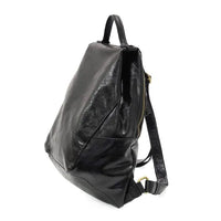 Black leather maggie modern backpack with glossy finish gold-tone zippers padded pocket and adjustable shoulder straps