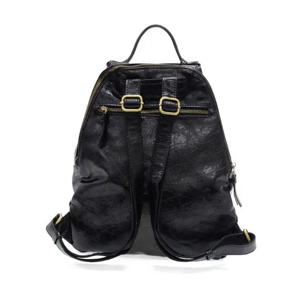 Black leather maggie modern backpack with gold-tone zippers, padded pocket, and adjustable shoulder straps
