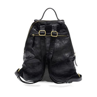 Black leather maggie modern backpack with gold-tone zippers, padded pocket, and adjustable shoulder straps