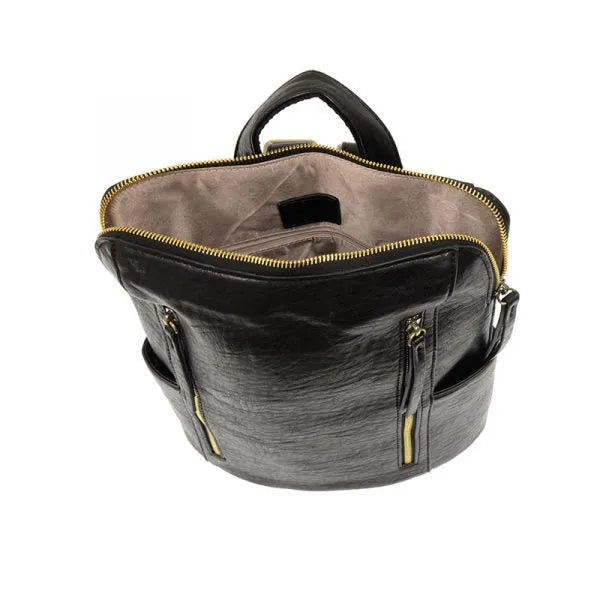 Black leather raegan double zipper backpack with gold-tone zippers and top handle for stylish everyday use