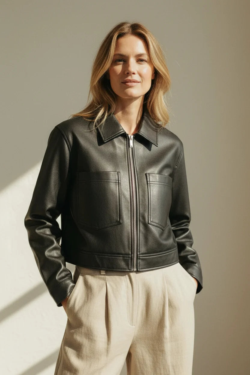 Heritage faux leather jacket with black bomber style, zipper, and chest pockets