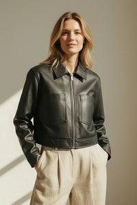 Heritage faux leather jacket with black bomber style, zipper, and chest pockets