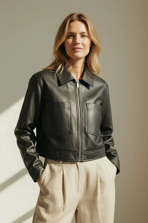 Heritage faux leather jacket with black bomber style, zipper, and chest pockets