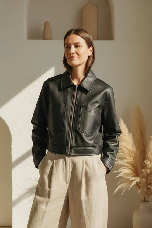 Heritage faux leather jacket in black with front zipper and chest pockets