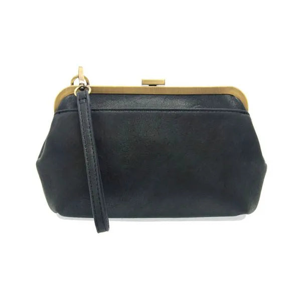 Black leather vivie kisslock convertible crossbody wristlet with gold-tone frame and wrist strap for versatile use