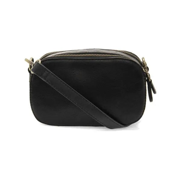 Black leather layne double zip mini camera crossbody bag with dual zippers and a slender strap for easy carrying