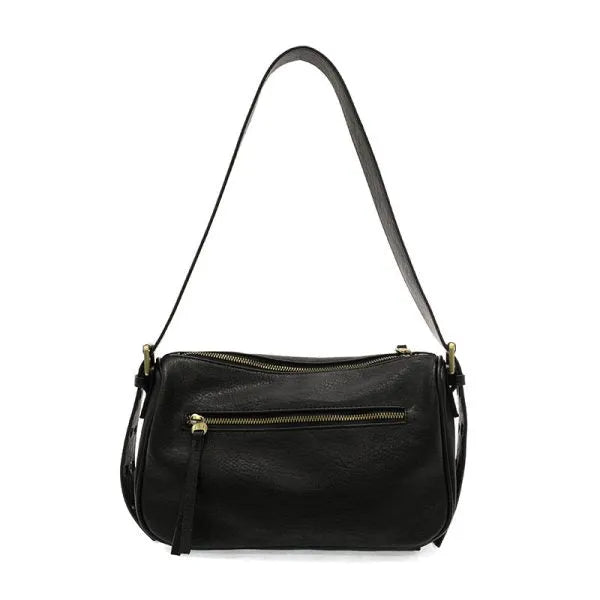 Black leather morgan buckle shoulder bag with gold-tone zipper and hardware for stylish everyday use