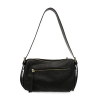 Black leather morgan buckle shoulder bag with gold-tone zipper and hardware for stylish everyday use