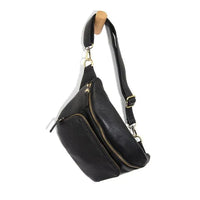 Black leather rory organizer sling belt bag with gold-toned zippers and hardware for stylish hands-free use