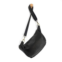 Black leather rory organizer sling belt bag with sleek curved design and silver toned hardware belt bag for hands free use