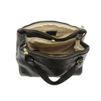 Black leather janet puzzle convertible crossbody tote with quilted design and gold-tone zippers for versatile use