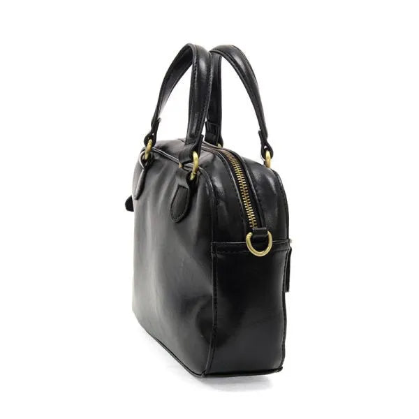 Black leather regina mini satchel crossbody with gold-tone hardware and structured rectangular shape
