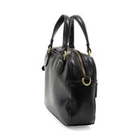 Black leather regina mini satchel crossbody with gold-tone hardware and structured rectangular shape