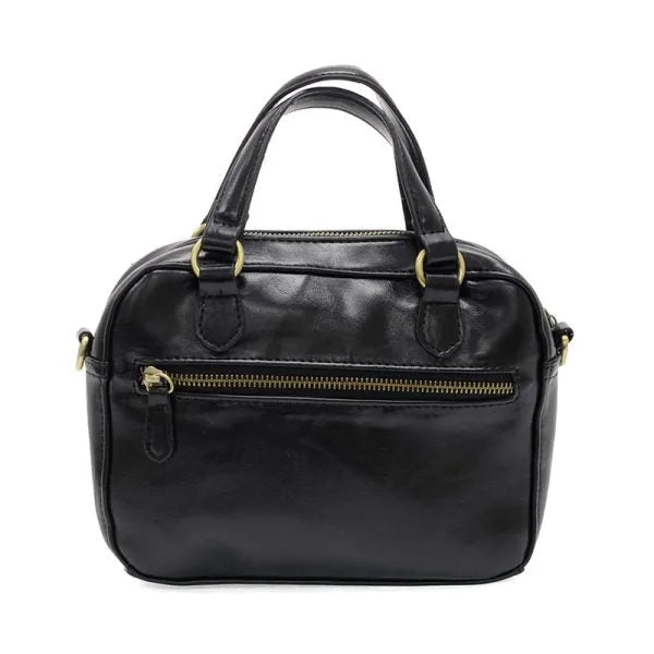Black leather regina mini satchel crossbody with gold-tone hardware and top handles for versatile use