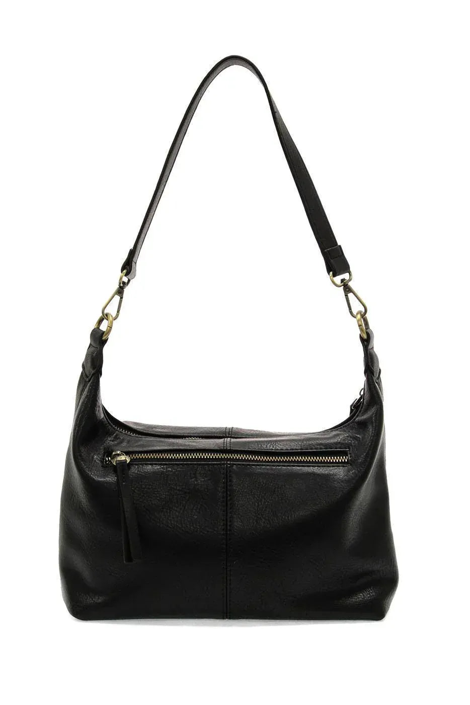 Black leather danna top zip crossbody hobo bag with single shoulder strap and gold-tone zipper accents for women’s boho chic clothing
