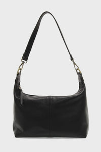 Black leather danna top zip crossbody bag with single shoulder strap and gold-tone hardware for women’s boho chic clothing