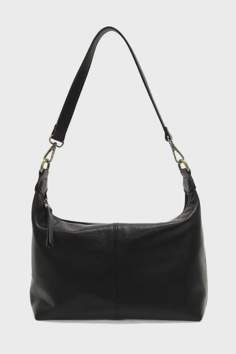 Black leather danna top zip crossbody bag with single shoulder strap and gold-tone hardware for women’s boho chic clothing