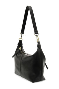 Black leather danna top zip crossbody hobo bag with single shoulder strap and gold-tone hardware for women’s boho chic clothing