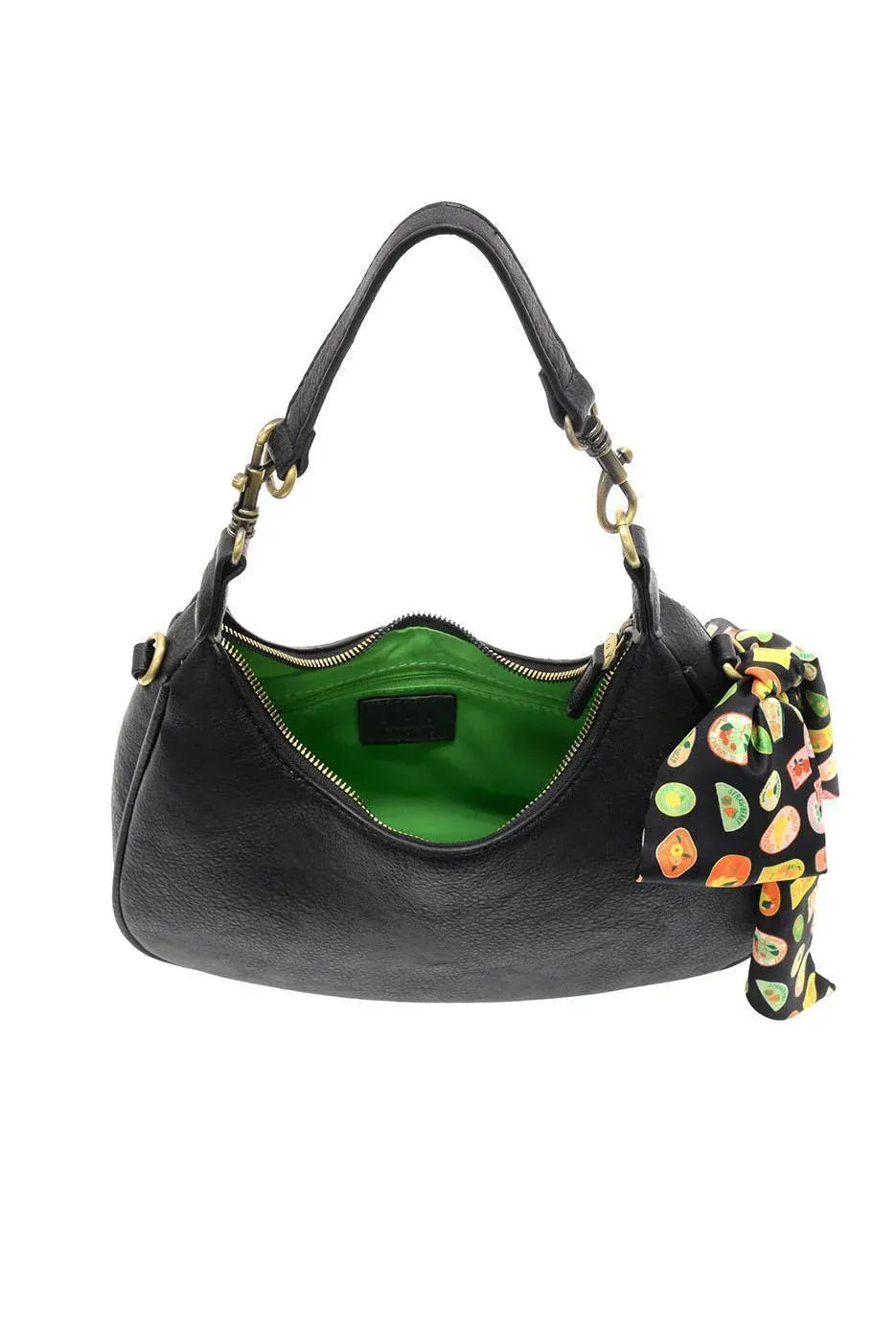 Black leather farmers market scarf convertible crossbody with vibrant green interior gold-tone hardware and fruit-patterned scarf