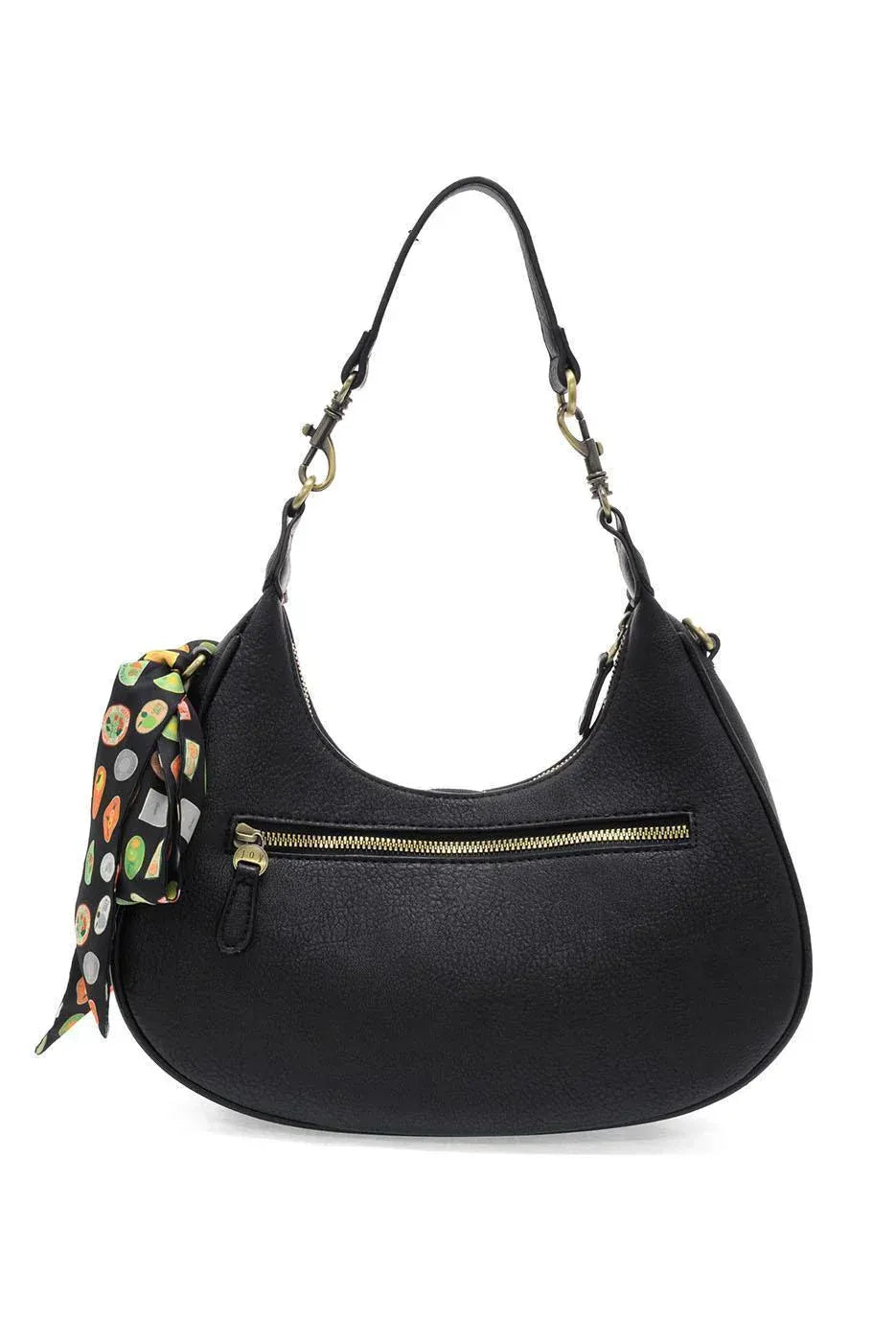 Black leather hobo bag with gold hardware and colorful farmers market scarf tied on side in market scarf convertible style