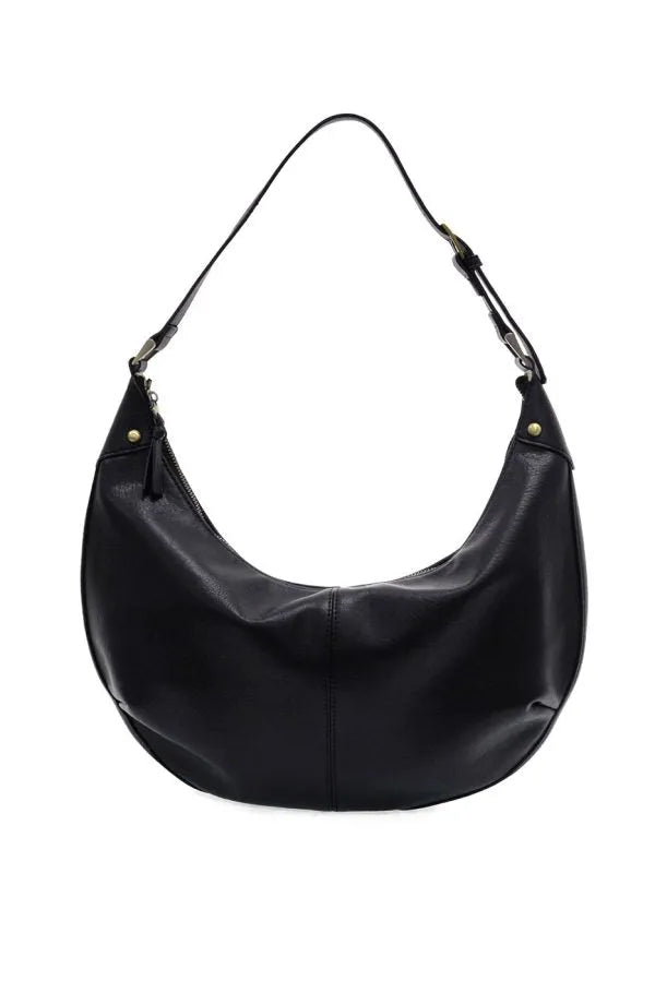 Black leather leo crescent shoulder bag with sleek curved design and adjustable shoulder strap for versatile use
