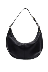 Black leather leo crescent shoulder bag with sleek curved design and adjustable shoulder strap for versatile use