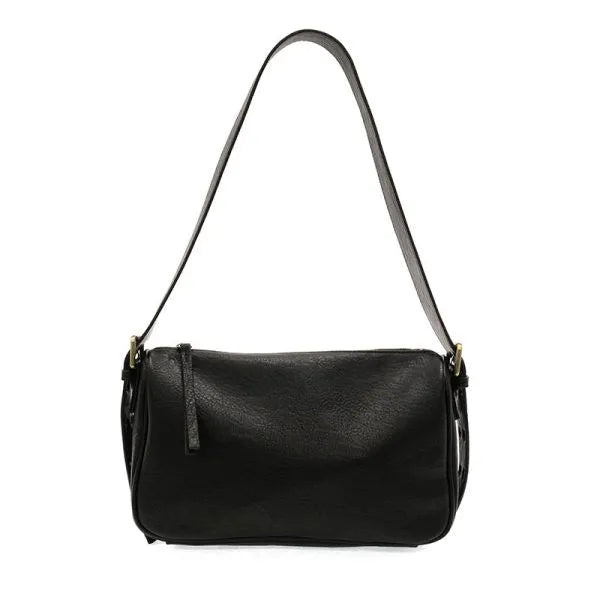 Black leather morgan buckle shoulder bag with sleek minimalist design and gold tone buckle hardware