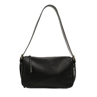 Black leather morgan buckle shoulder bag with sleek minimalist design and gold tone buckle hardware