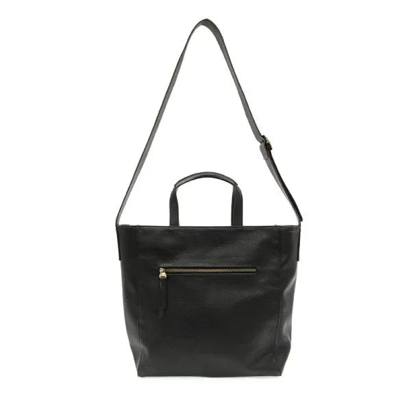 Black leather alma buckle tote with single shoulder strap and front zipper pocket for stylish everyday use