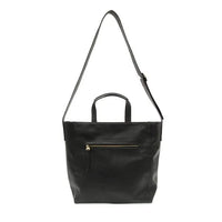 Black leather alma buckle tote with single shoulder strap and front zipper pocket for stylish everyday use