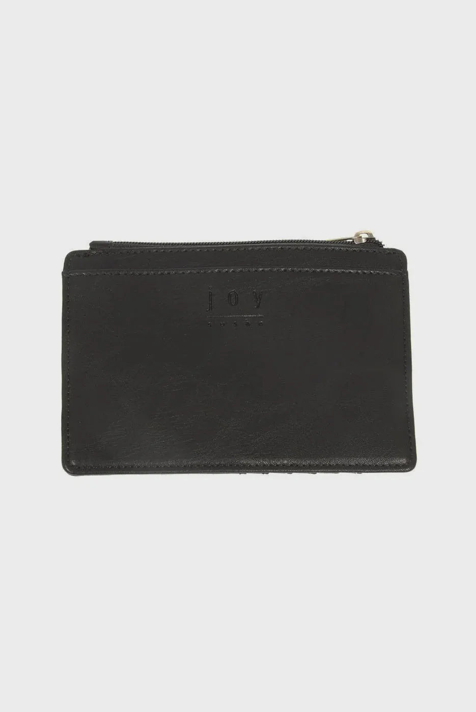 Black leather penny mini travel wallet with zipper and subtle embossed joy branding for secure organization