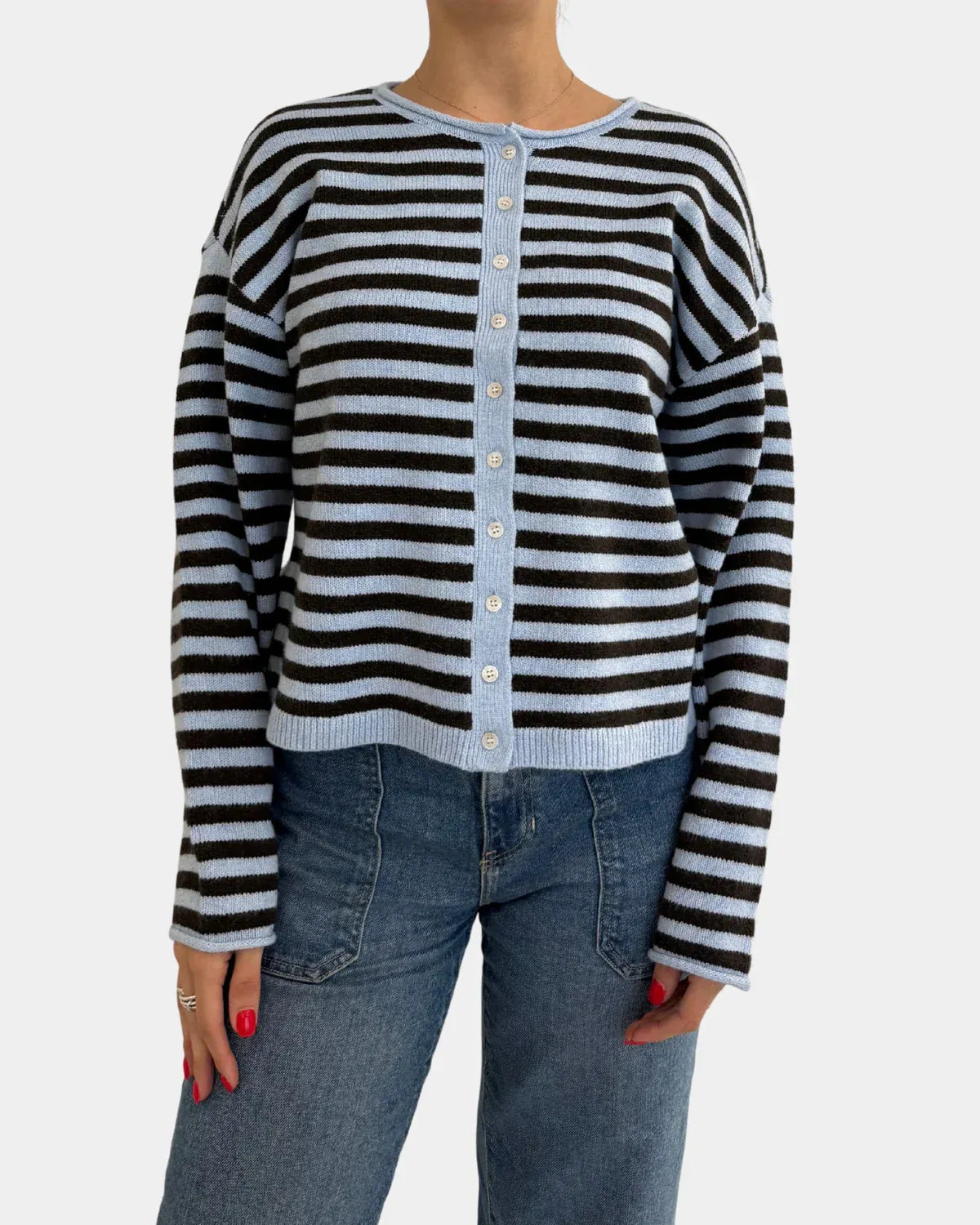 Thread and supply dover button front cardigan knit in black and light blue stripes with button closure