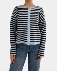 Thread and supply dover button front cardigan knit in black and light blue stripes with button closure