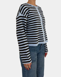 Thread and Supply dover button striped knit cardigan in black and light blue with button-front closure