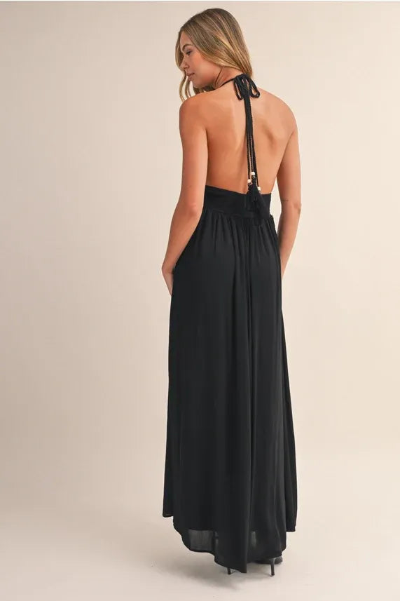 Black crinkle linen maxi dress with halter neckline and back tie details, elegant linen maxi dress for summer wear