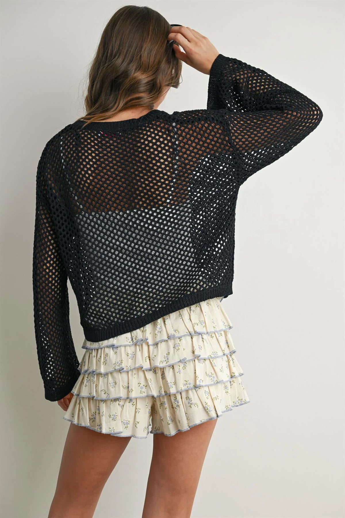 Elegant long sleeve see-through black mesh crochet cropped cardigan